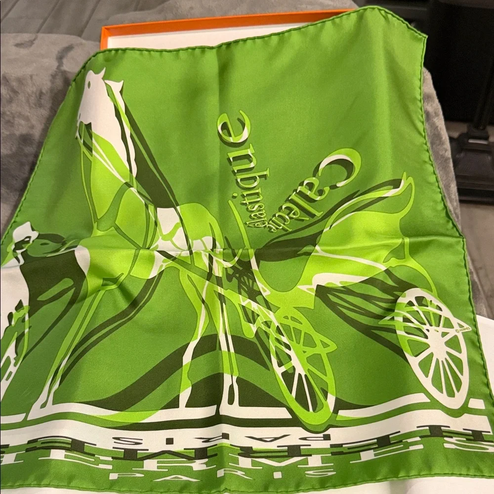 Hermes Green and White Silk Scarf Calèche élastique